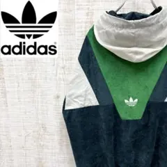 JQ88《80s》アディダス　ベロアトラックジャケット　フーディー　刺繡ロゴ