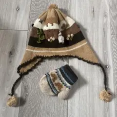 動物モチーフニット帽とミトンセット