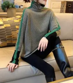 ニット　タートルネック　ハイネック　ヘリンボーン柄　グリーン　韓国　おしゃれ　冬