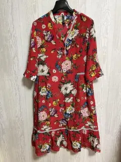 断捨離シルク　花柄 七分袖 ワンピース 赤