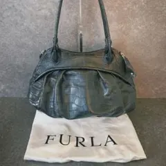 Y2K FURLA フルラ 黒 クロコ型押し ショルダーバッグ レザー 保管袋