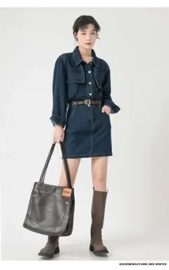 デニムシャツミニ丈ワンピース