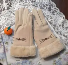 手袋 レディース グローブ 防寒 防風 保温 スマホ対応 裏起毛 猫柄　ベージュ