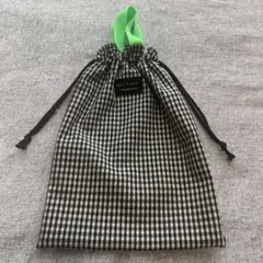 ハンドメイド　巾着袋　巾着バッグ　上靴袋　ギンガムチェック　蛍光グリーン