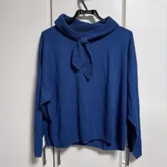 Né-net 美品ニノ着ネックリボン付き青長袖ニット