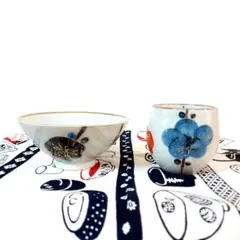 【希少】　藍色と橙色 の 飯碗　茶碗　湯呑　昭和レトロ　アンティーク　レア