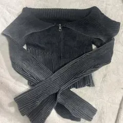 Y2Kオフショルダー リブニット ジップアップ トップス