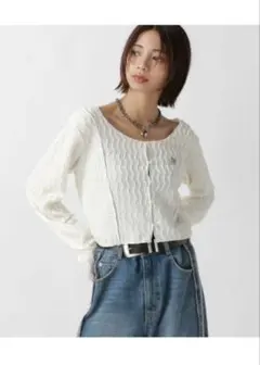 アイボリー リブ編み 春夏用長袖ジャガードカーディガン