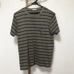 GU オリーブグリーン ネイビーストライプ Tシャツ