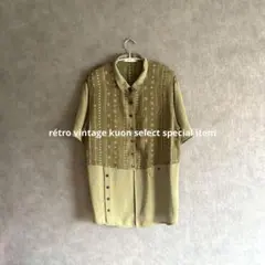 昭和レトロ半袖ブラウス　総柄シャツ　秋コーデ　グリーン　ヴィンテージシャツ　古着