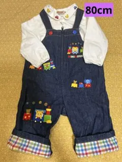 ミキハウス刺繍デニムオーバーオールと白ブラウスのセット80cm