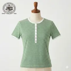 ジェイプレス ボーダー半袖Tシャツ ヘンリーネック 日本製 綿100% L 緑のサムネイル
