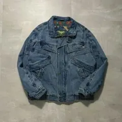 90sVintageデニムジャケットバイカーLブルゾンライダース短丈肉厚古着のサムネイル