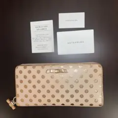 新品アンテプリマ　サーモンピンク　箔ドット　牛革　リボンビジューリング付　長財布 新品アンテプリマ サーモンピンク 箔ドット 牛革 リボンビジューリング