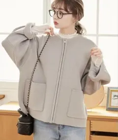 ANGIE ランタンスリーブニットジップカーディガン　ライトグレー