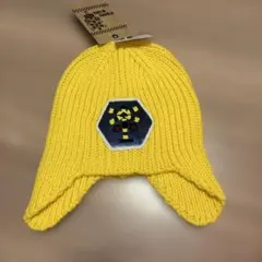 耳あて付き黄色ニット帽 六角形パッチ52センチ