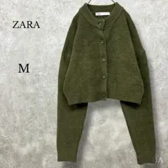 ザラ【M】ショートニットカーディガン クロップド丈 クルーネック グリーン