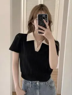 リブ編み ブラックポロシャツ クロップド丈