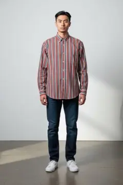 赤と青のストライプ ボタンダウンシャツ Mサイズ