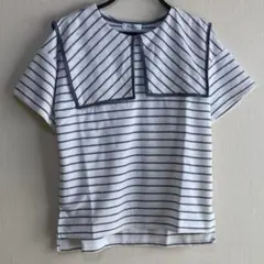 【新品】ボーダートップス半袖セーラー風デザインきれいめ春夏カジュアルオフィスＬ