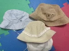 ベビー帽子セット 水色・クマ刺繍・麻風
