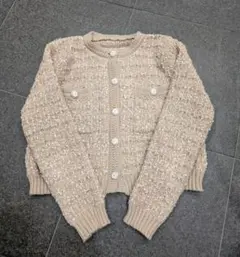 ノーカラーニットジャケット ベージュ