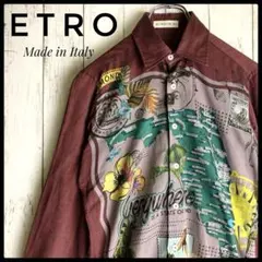 希少✨ETRO エトロ　イタリア製　地図　総柄　長袖シャツ ボルドー系