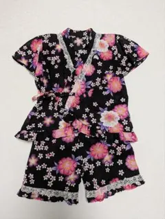 女の子 甚平 浴衣　上下セット 花柄 レース 黒 ピンク パープル　120