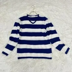 良品✨ ボーダー ニット セーター Vネック 長袖 青 白 プルオーバー
