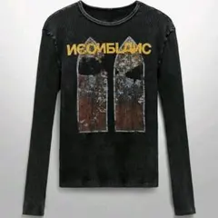 ブラック グラフィックプリント 長袖カットソー