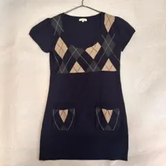 《ハッシュハッシュ》チュニック丈アーガイル柄半袖ニット【2】ネイビー　薄手