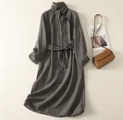 上品 レトロ シャツ ワンピース スリム見え 長袖 デザイン チェック ロング