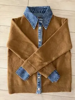 【新品未使用】ブラウン　デニムドッキングニットカーディガン　デニム襟付き