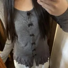 グレー リボン 長袖カットソー 裾フリルジャージートップス 古着 重ね着