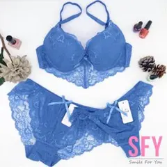 エレガントレース＆リボン　ブラショーツ・Tバック3点セット[ブルー]