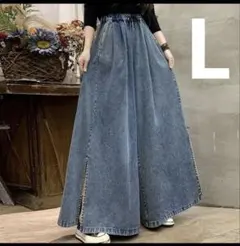 ワイド デニム パンツ ワイドパンツ ガウチョパンツ パンツ 体型カバー　ゴム