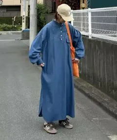 デニムシャツロングワンピース　美品　ヘンリーネック　オーバーサイズ
