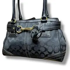 美品　コーチ　ハンドバッグ　ハンプトンズ　シグネチャー　キャンバス　肩掛け　黒