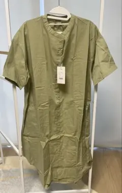 半袖ワンピース 大きめ カーキ 緑 襟なし フリーサイズ 春 夏 レディース