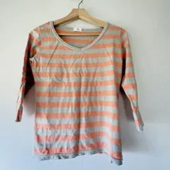 オレンジベージュストライプ五分袖Tシャツ　綿100%