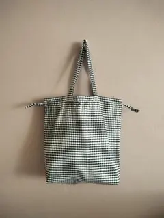 チェック　巾着式　トートバッグ