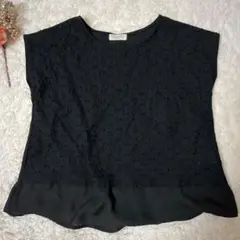 状態良好☆c.m.party フレンチスリーブ　レース切り替えブラウス　ブラック