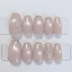 【現品】ネイルチップ 韓国風 マグネット シンプル お花 ピンク ビジュー 大人