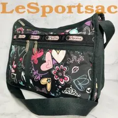 B402【極美品】LeSportsac★ハート&花柄ナイロンショルダーバッグ　黒