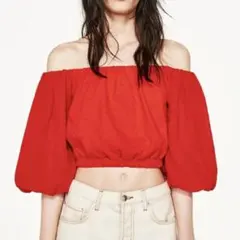 ZARA レッド　オフショル　トップス　オフショルダー　パフスリーブ　コンビ生地