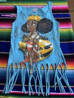 Y2K アメリカLA購入品　水色フリンジタンクトップUS(M)