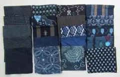 古布藍染木綿　075　無地　絣、型染め、縞などのはぎれ20種２０枚セット。