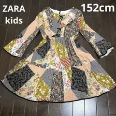 ザラ　ZARA 152cm 長袖ワンピース　花柄　パッチワーク柄　女の子　リボン