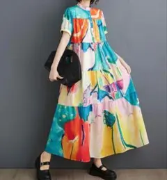 個性的　モード系大きいサイズ　シャツロングワンピース　カラフル　おしゃれ半袖春夏