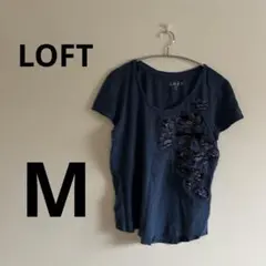 1点物✨LOFT 【M】花柄刺繍 Tシャツ ダークブルー 半袖のサムネイル